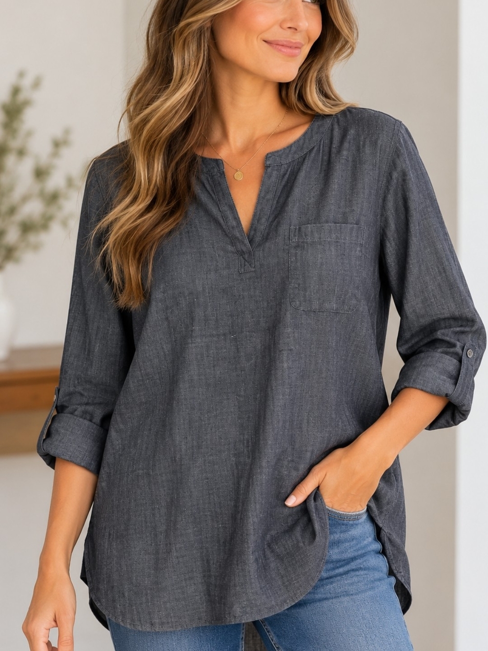 J. Jill Charcoal Gray Long-Sleeve Linen-Blend Tunic